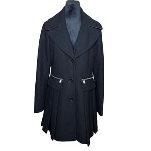 GUESS Women's Sz‎ M Wool Blend Pleated Fit & Flare Black Pea Coat Jacket